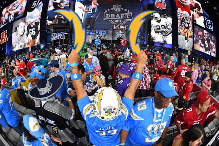 Apr 25, 2019; Nashville, TN, USA; to the Los Angeles Chargers fans prior to the start of the 2019 NFL Draft in Downtown Nashville. Mandatory Credit: Christopher Hanewinckel-USA TODAY Sports